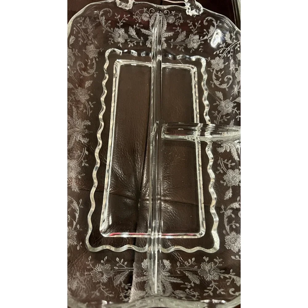 Viking New Martinsville Prelude Etched Relish Tray w Handles 4 Rectangular Glass